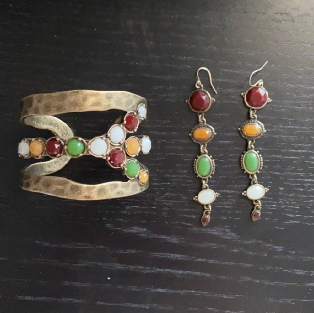 Lucky Brand "LUCKY YOU" Peace Cuff Bracelet and Earrings Set